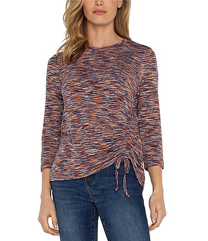 Liverpool Los Angeles Petite Size Knit Space Dyed Print Crew Neck 3/4 Sleeve Asymmetric Tie Hem Top