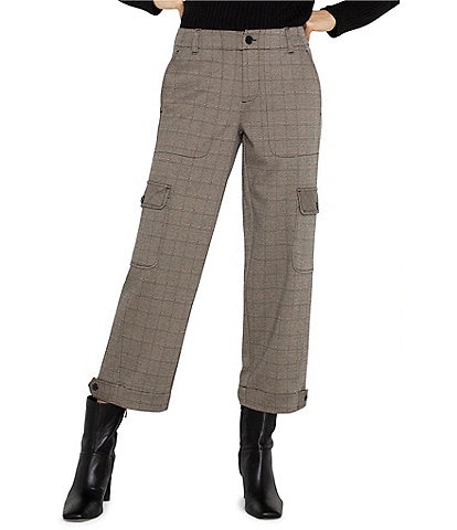 Liverpool Los Angeles Petite Size Mid-Rise Utility Plaid Jacquard Knit Adjustable Tab Hem Cropped Cargo Pants