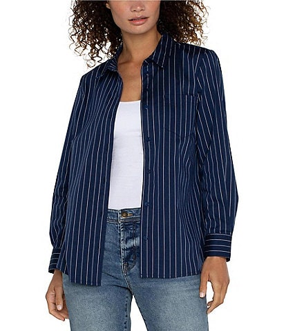 Liverpool Los Angeles Petite Size Pinstripe Cotton Poplin Collared Long Sleeve Button-Front Shirt