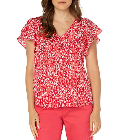 Liverpool Los Angeles Petite Size Printed Double V-Neck Short Flutter Sleeve Woven Blouse