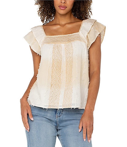 Liverpool Los Angeles Petite Size Printed Square Neck Double Layer Short Sleeve Blouse