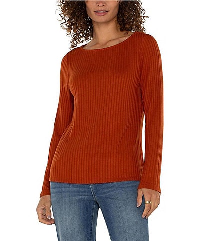 Liverpool Los Angeles Petite Size Ribbed Knit Boat Neckline Long Sleeve Top