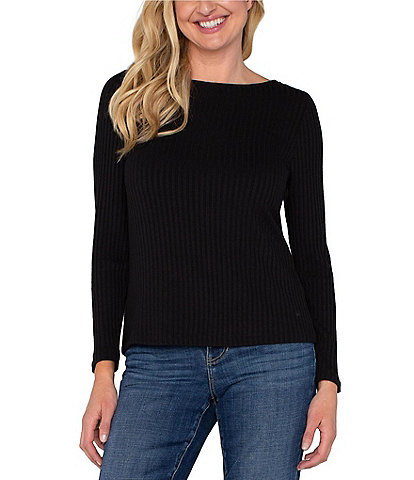 Liverpool Los Angeles Petite Size Ribbed Knit Boat Neckline Long Sleeve Top