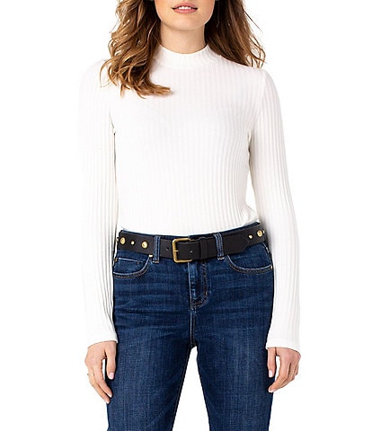 Liverpool Los Angeles Petite Size Ribbed Knit Mock Neck Long Sleeve Top