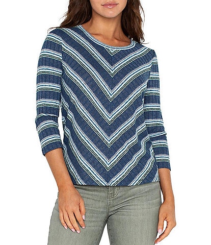 Liverpool Los Angeles Petite Size Stretch Ribbed Knit Striped Scoop Neckline 3/4 Sleeve Top