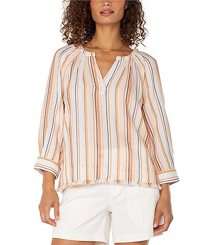 Liverpool Los Angeles Petite Size Stripe Split V-Neck 3/4 Sleeve Frayed Hem Top