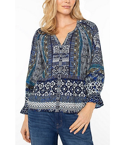 Liverpool Los Angeles Petite Size Woven Printed Split V-Neck 3/4 Sleeve Button-Front Blouse