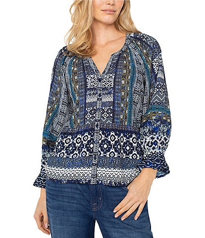 Liverpool Los Angeles Petite Size Woven Printed Split V-Neck 3/4 Sleeve Button-Front Blouse