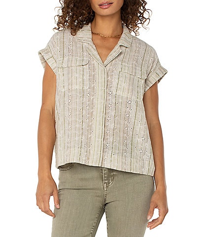 Liverpool Los Angeles Petite Size Yarn-Dyed Stripe Notch Collar Rolled Cap Sleeve Camp Shirt