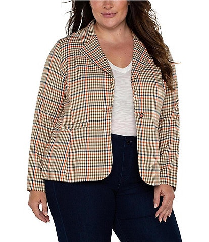 Liverpool Los Angeles Plus Size Fitted Plaid Print One Front Button Blazer