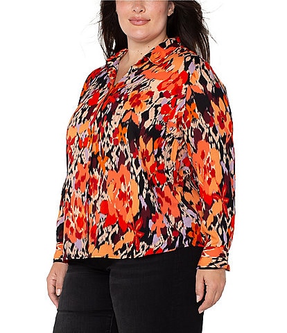 Liverpool Los Angeles Plus Size Floral Collar Long Sleeve Button Down Blouse