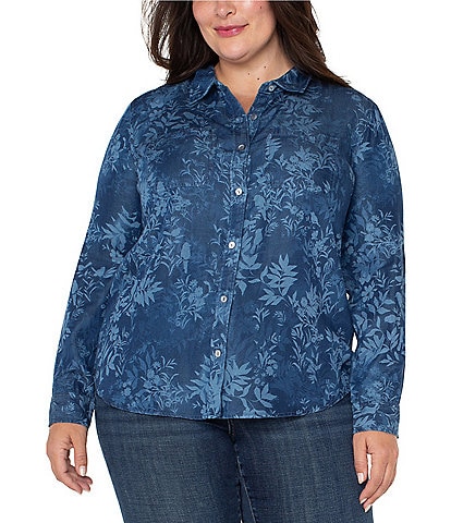 Liverpool Los Angeles Plus Size Floral Point Collar Long Sleeve Blouse