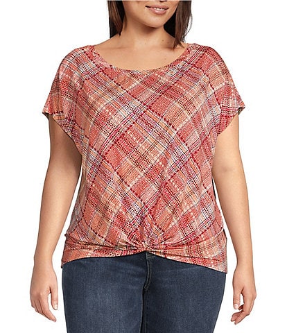 Liverpool Los Angeles Plus Size Multi Plaid Crew Neck Short Sleeve Front Twist Top