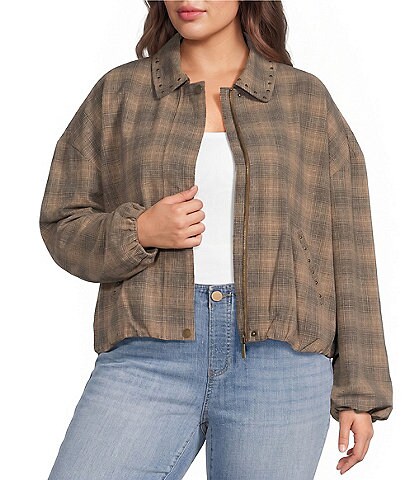 Liverpool Los Angeles Plus Size Ombre Plaid Point Collar Long Sleeve Bubble Hem Jacket