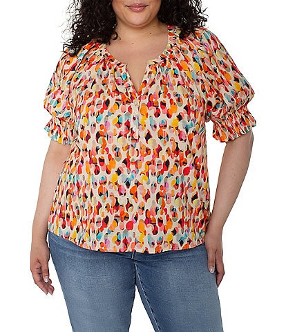 Liverpool Los Angeles Plus Size Printed Split V-Neck Short Puff Sleeve Blouse