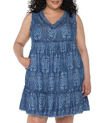 Liverpool Los Angeles Plus Size Printed V-Neck Sleeveless Ruffle Fray Tiered Hem Dress