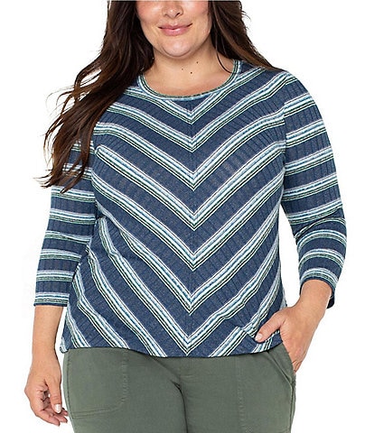 Liverpool Los Angeles Plus Size Stretch Ribbed Knit Stripe Print Scoop Neckline 3/4 Sleeve Top