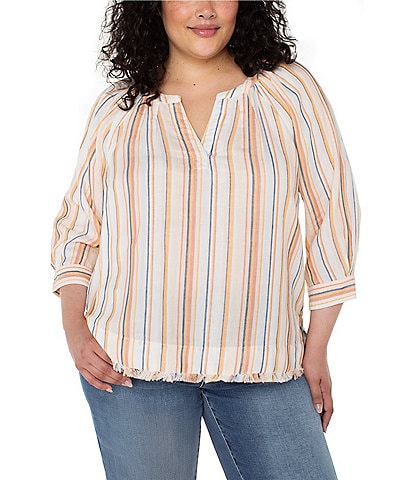 Liverpool Los Angeles Plus Size Stripe Split V-Neck 3/4 Sleeve Frayed Hem Top