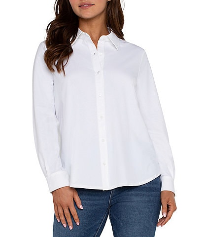 Liverpool Los Angeles Plus Size Tech Knit Poing Collar Long Sleeve Button-Front Shirt