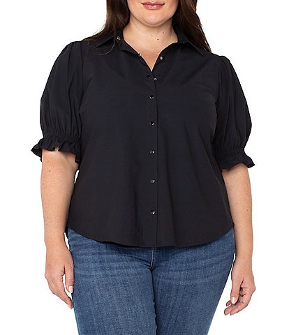 Liverpool Los Angeles Plus Size Tech Knit Point Collar Short Puff Ruffle Cuff Sleeve Button Front Shirt