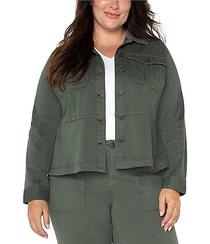 Liverpool Los Angeles Plus Size Twill Point Collar Long Sleeve Button-Front Peplum Trucker Jacket