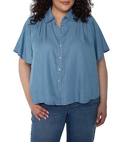 Liverpool Los Angeles Plus Size Woven Point Collar Short Flutter Sleeve Button Front Blouse