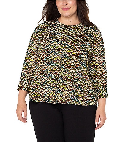 Liverpool Los Angeles Plus Size Woven Printed Crew Neck 3/4 Sleeve Blouse