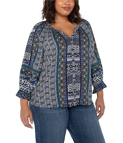 Liverpool Los Angeles Plus Size Woven Printed Split V-Neck 3/4 Sleeve Button-Front Blouse