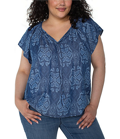 Liverpool Los Angeles Plus Size Woven Printed Split V-Neck Cap Sleeve Tie-Front Top