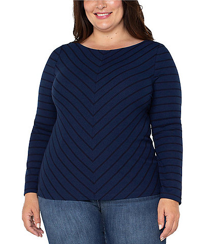 Liverpool Los Angeles Plus Size Yarn-Dyed Rib Knit Long Sleeve Miter Front Boat Neck Top