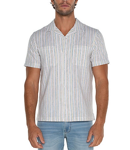 Liverpool Los Angeles Short Sleeve Striped Linen-Blend Camp Shirt