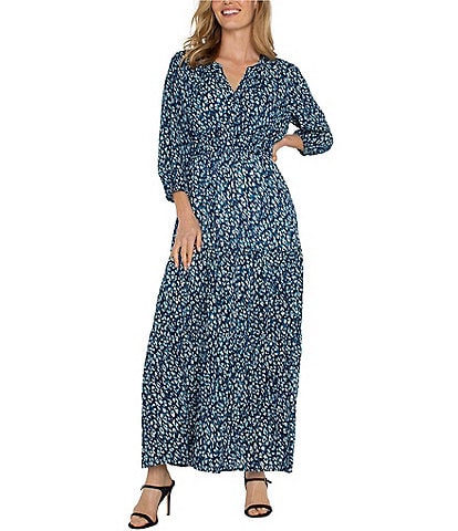 Liverpool Los Angeles Abstract Print Split Crew Neckline 3/4 Puff Sleeve Maxi Dress