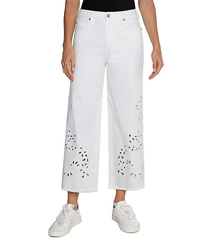 Liverpool Los Angeles Stride Eyelet Embroidered High Rise Frayed Hem Wide Leg Cropped Pants