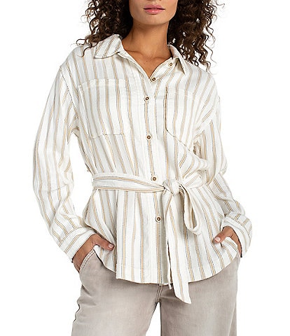 Liverpool Los Angeles Stripe Jacquard Point Collar Long Sleeve Belted Shacket