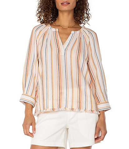 Liverpool Los Angeles Stripe Split V-Neck 3/4 Sleeve Frayed Hem Top