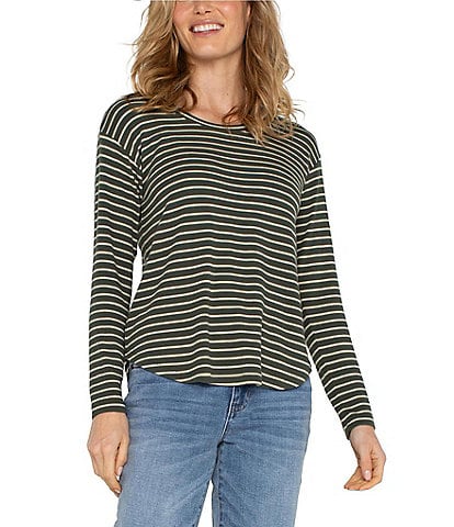 Liverpool Los Angeles Super Soft Knit Stripe Print Crew Neck Long Sleeve High-Low Hem Shirt