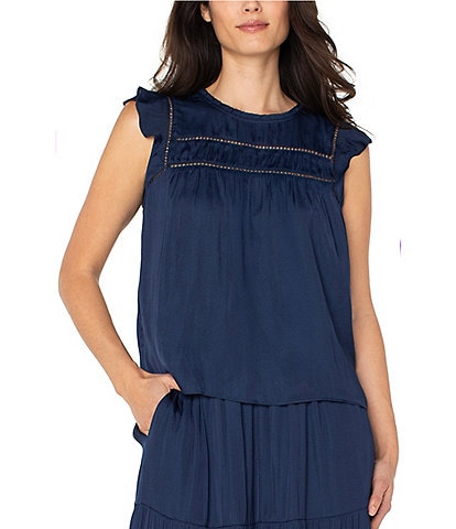 Liverpool Los Angeles Textured Sateen Crew Neck Cap Flutter Sleeve Top