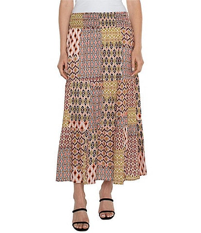Liverpool Los Angeles Tiered Woven Patchwork Print Smocked Waist Pull-On Maxi Skirt
