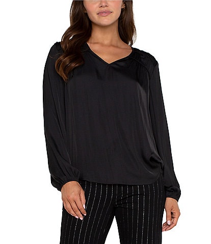 Liverpool Los Angeles V-Neck Pleated Long Sleeve Blouse