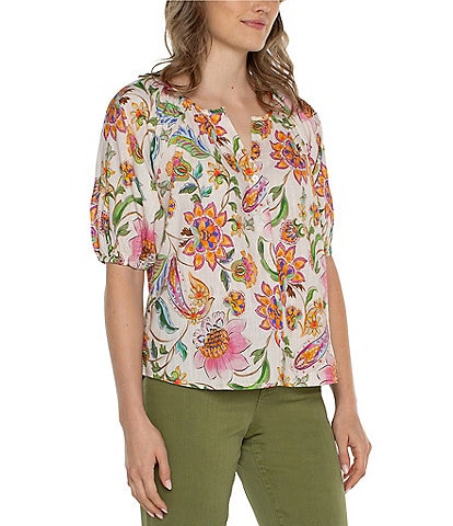 Liverpool Los Angeles Woven Floral Print Split-Round Neck Short Puff Sleeve Button Front Blouse