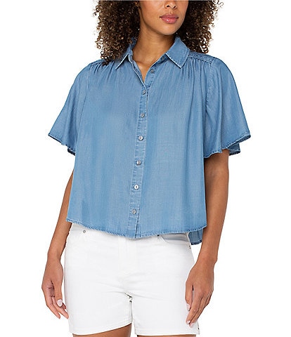 Liverpool Los Angeles Woven Point Collar Short Flutter Sleeve Button-Front Blouse