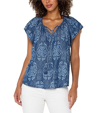 Liverpool Los Angeles Woven Printed Split V-Neck Cap Sleeve Tie-Front Top