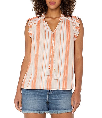 Liverpool Los Angeles Woven Stripe V-Neck Tassel Tie Ruffle Trim Blouse