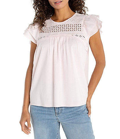 Liverpool Los Angeles Woven Voile Round Neck Flutter Sleeve Top