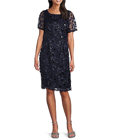 Livia Jolie by Le Bos Crew Neck Cap Sleeve 3D Sequin Sheath Dress