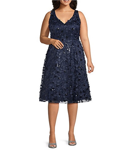 Livia Jolie by Le Bos Plus Size V-Neck Sleeveless 3D Floral Applique with Sequin A-Line Midi Dress