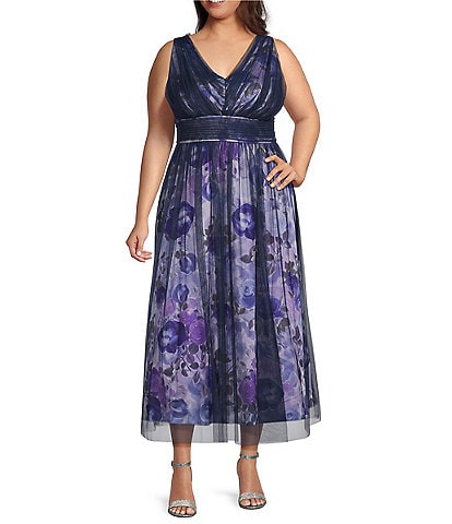 Livia Jolie by Le Bos Plus Size V-Neck Sleeveless Mesh Overlay A-Line Gown