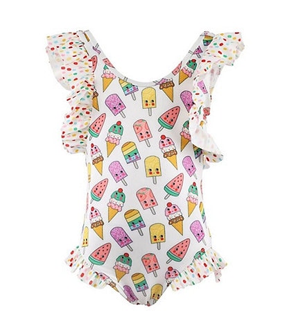 Lola + The Boys Little/Big Girls Rainbow Ice Cream Ruffle 1-Piece Swimsuit