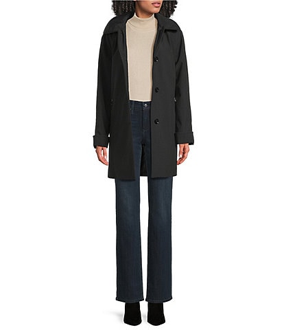 London Fog Point Collar Hooded Button Front A-Line Raglan Single Breasted Coat