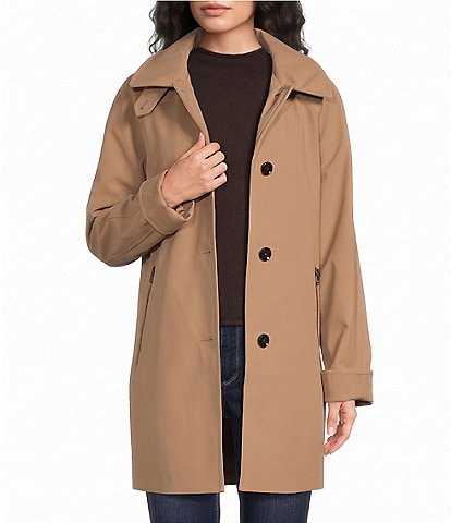 London Fog Point Collar Hooded Button Front A-Line Raglan Single Breasted Coat
